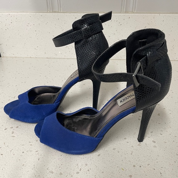 Steve Madden Two-Tone Heels Blue Suede & Black Snakeskin Ankle Strap Chic Size 9 - Picture 1 of 7